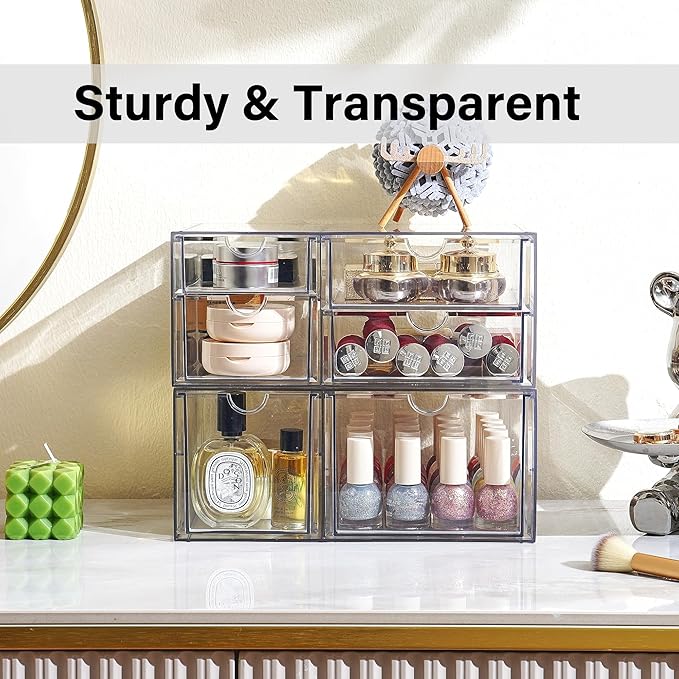Prsildan Acrylic Drawer Makeup Organizer with 6 Drawers, Set of 2 Office Desk Organizers Accessories, Clear Stackable Storage Drawers for Vanity, Countertop, Craft, Jewelry, Art Supply Organization