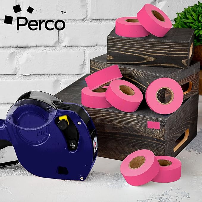 Perco 1 Line Fluorescent Pink Labels - 8 Rolls, 1 Sleeve, 8,000 Blank Price and Date Gun Labels for Perco 1 Line Price and Date Guns - Made in USA