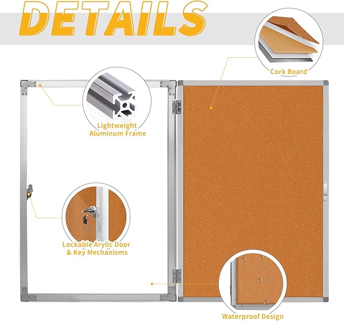 Outdoor Enclosed Bulletin Board, Weatherproof Cork Noticeboard with Clear Acrylic Locking Door, Wall-Mounted Silver Aluminum Framed Display Case,36x24in (5xA4)