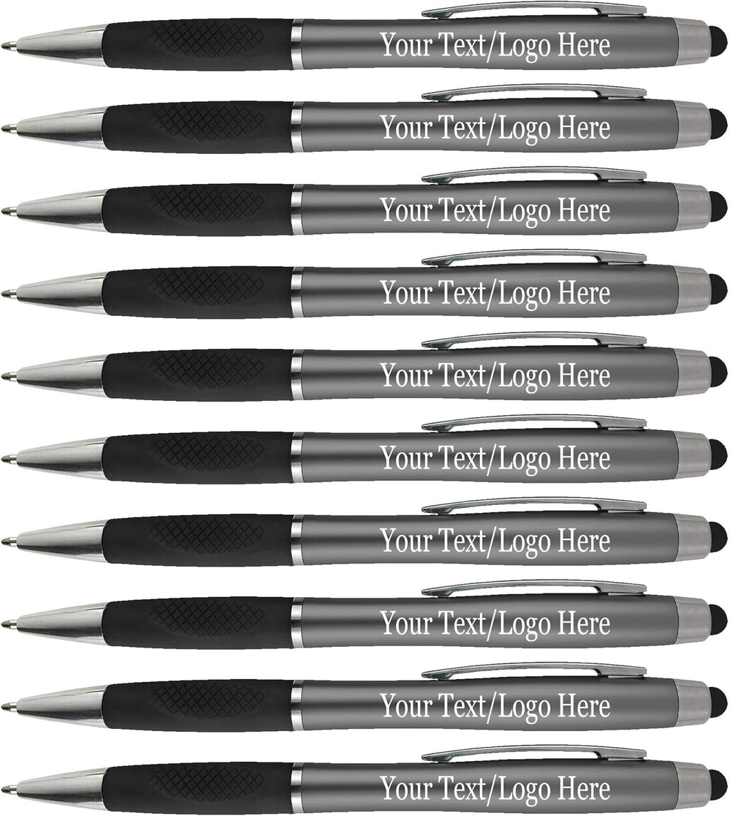 Personalized Pens With your Custom Logo or Text-300 Pack Bulk-for Businesses, Parties, and Events, 2 in 1 Ballpoint Pen + Capacitive Stylus Compatible with Touchscreen Devices, Grey Barrel, Blue Ink