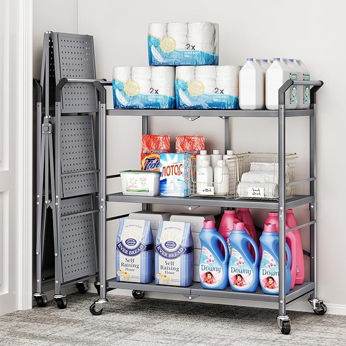 Rolling Utility Cart Folding Cart with Wheels - 3 Tier Collapsible Metal Cart, Large Capacity