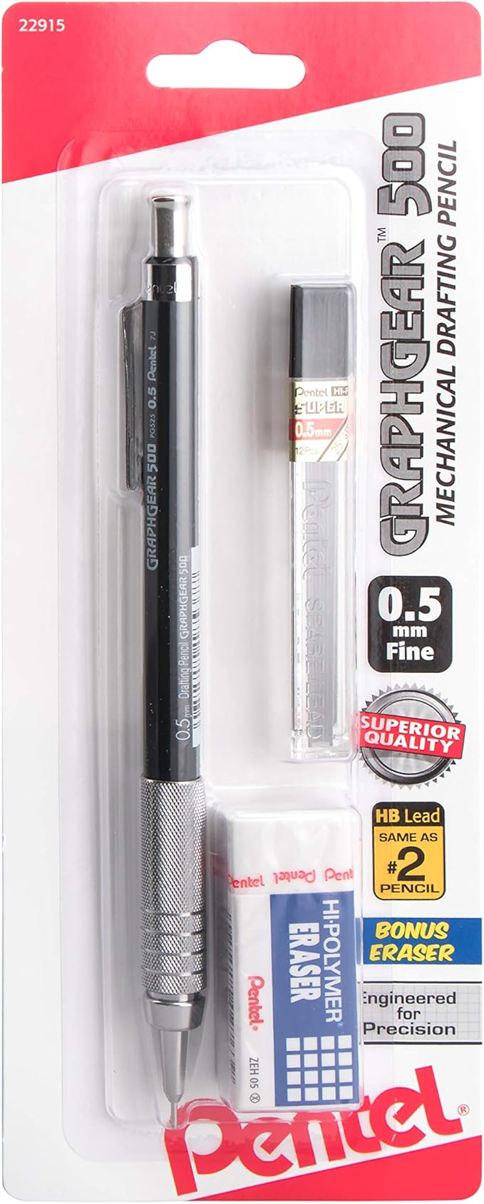 Pentel GraphGear 500 Mechanical Drafting Pencil, (0.5mm), Fine Line, Refill Lead and Mini Eraser (PG525LEBP)