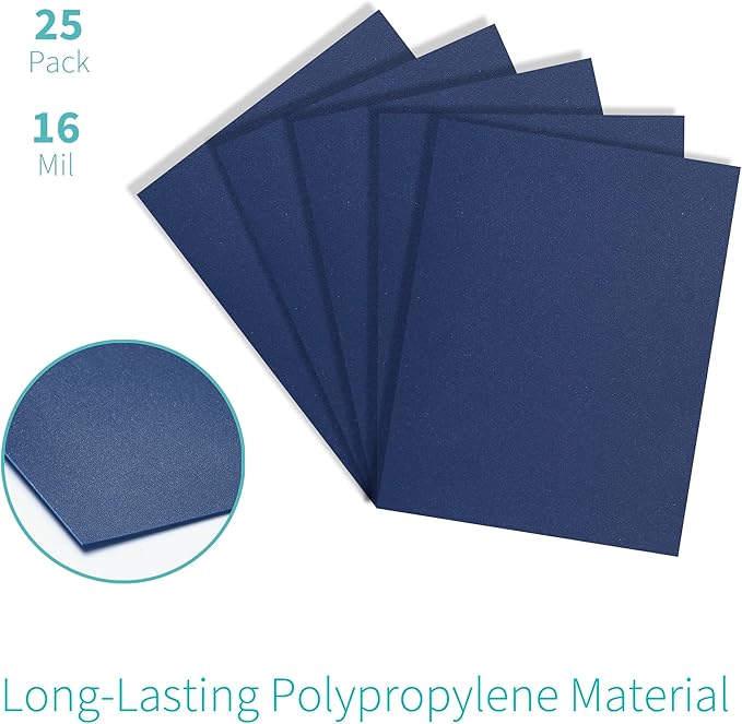 Binditek 25 Pack 16 Mil Sand-Textured Polycover, Heavy Weight Binding Front and Back Covers, Lightly Textured Sand Finish, 8-1/2" x 11", Square Corners, Un-Punched, Navy, Office Supplies