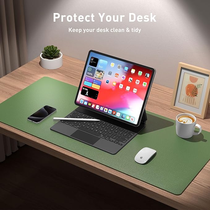 Aothia Leather Desk Pad Protector, Mouse Pad, Office Desk Mat, Non-Slip PU Leather Desk Blotter, Laptop Desk Pad, Waterproof Desk Writing Pad for Office and Home (36" x 17", Olive Green)