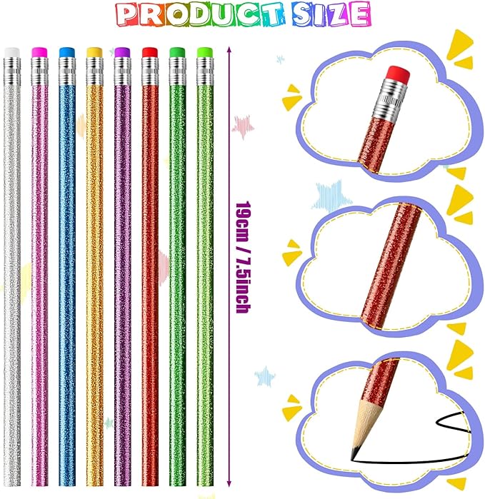 Outus 68 Pieces Glitter Pencils with Eraser Wood Colorful Pencils and Sharpeners for Graduation Kids Writing Painting