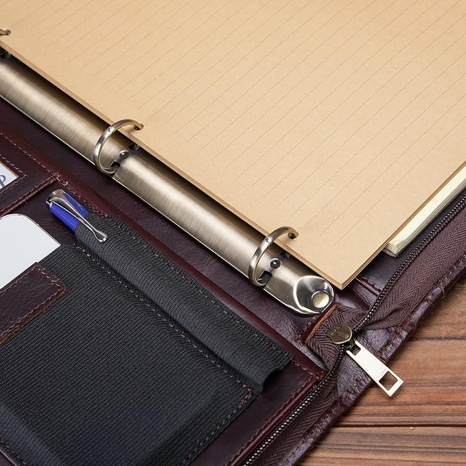 Genuine Leather Portfolio with 3 Ring Binder, Full Grain Leather Padfolio Zippered, A4 Notebook Holder Laptop Sleeve Professional Folder Organizer Gift for Men and Women, Dark Brown, Oil Tanned
