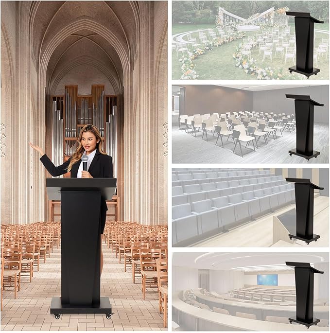 Podium Stand with Locking Wheels - Heavy Duty Church Podium & Pulpit for School, Conference, Office, or Home - 50.4" H Metal Lectern with Large Storage & Slanted Desktop