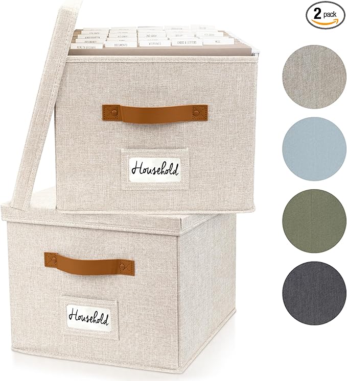 ZICOTO Decorative File Organizer Box Set of 2 - Collapsible Linen Filing Cabinets w/Handles Are Perfect to Store all Your Documents & Hanging File Folders - Portable Easy Slide Crates with Lid