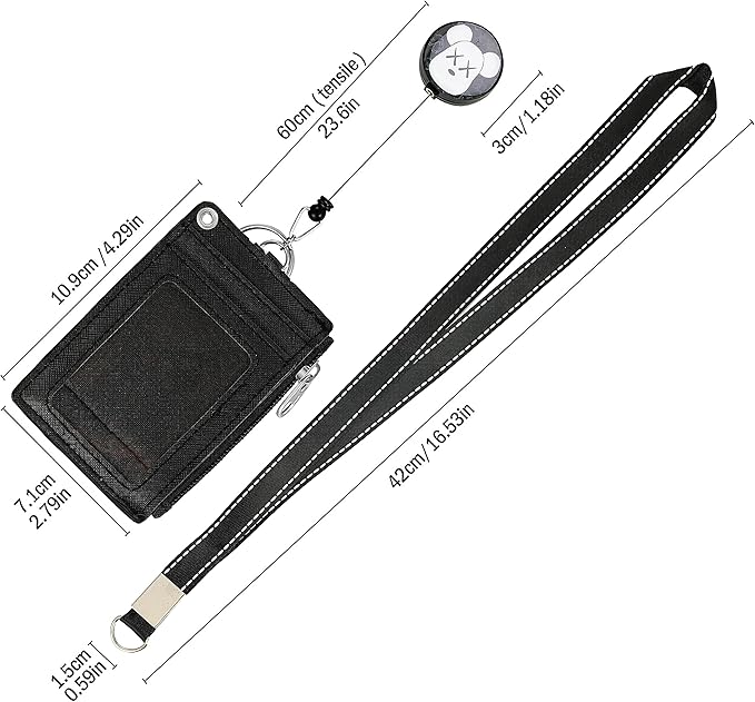 Cute ID Badge Holder Retractable Lanyard Reel Clip with Heavy Duty Carabiner,5Card Slots in 2 Sided with Key Ring and Zipper for Women Students Teens Girls Office Staff (Black White Bear)