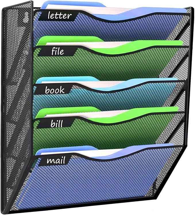 Kuntine.B 5 Pockets Wall File Holder Organizer Office Hanging Magazine Rack Wall File Organizer for Office Home, Black