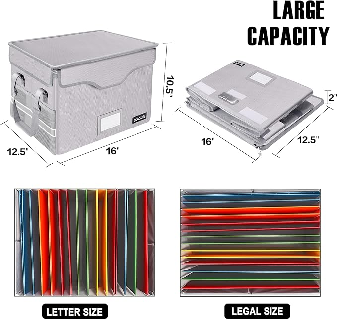 DocSafe File Box Fireproof Document Box with Lock,File Storage Organizer Box with Insert Pockets,Collapsible Portable Filing Box Home Office File Cabinet with Handle for Hanging Folder,Silver,2 Pack