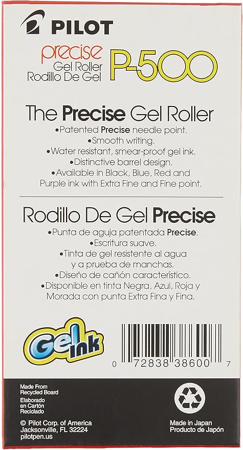 Pilot, Precise P-500 Gel Ink Rolling Ball Stick Pens, Extra Fine Point 0.5 mm, Black, Pack of 12