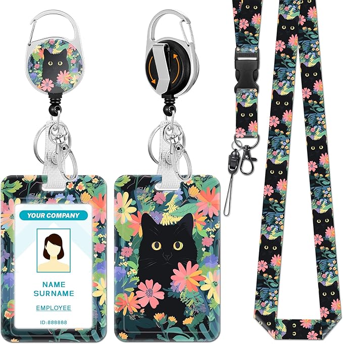 Lanyards for Id Badges, Cat Flower Floral Badge Holder with Retractable Reel Clip, Cute Work Name Tags Keychain Lanyard ID Card Protector Cover Case for Women Teacher Nurse Doctor Office