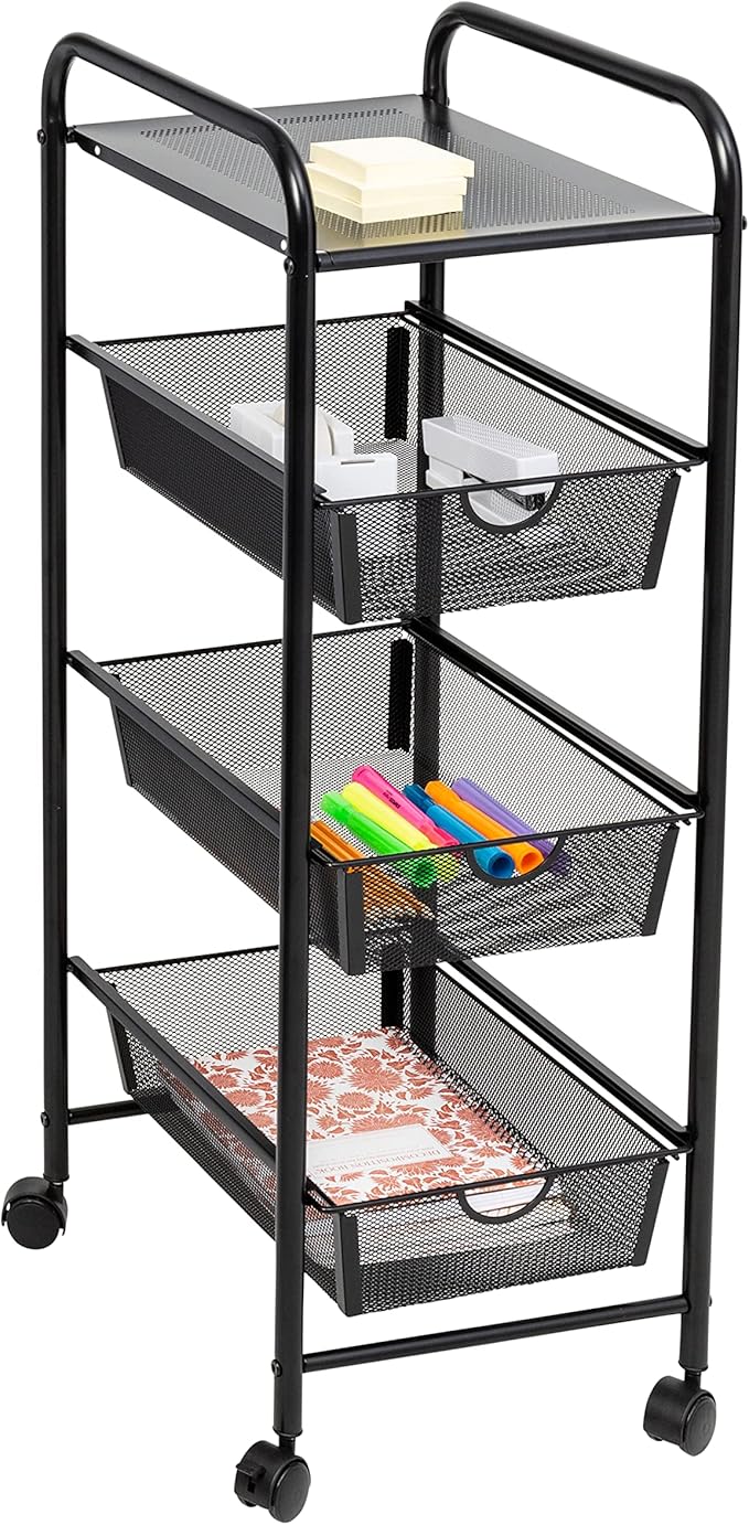 3-Drawer Storage Cart with Wheels, Multi-Purpose, Black, Steel