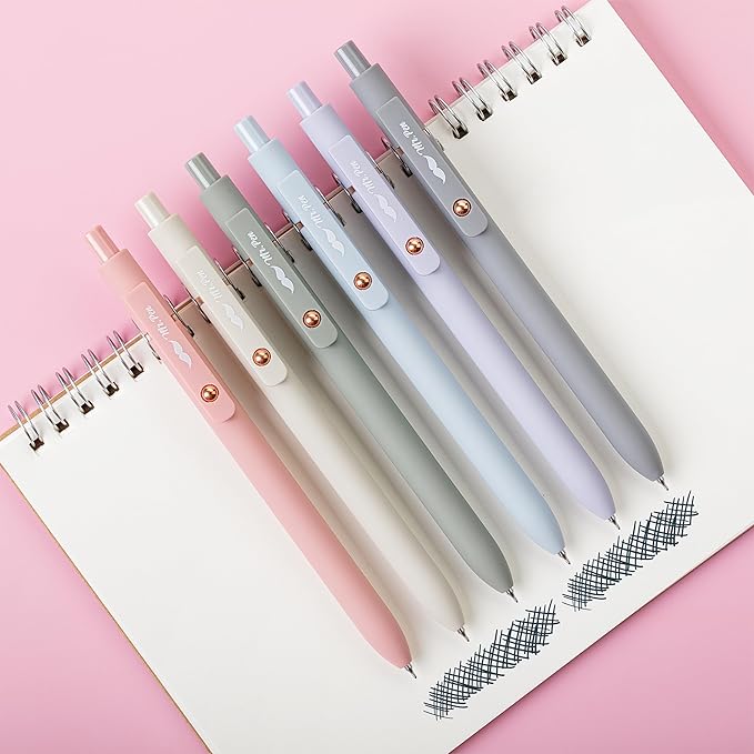 Mr. Pen- Retractable Gel Pens with Rose Gold Ring and Ball, 6 Pack, Morandi Barrels, Japanese Black Gel Pens, Fast Dry, Gel Pens Fine Point 0.5mm, Smooth Writing Aesthetic Pens for Journaling