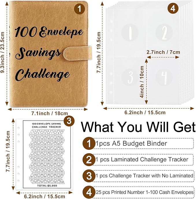 Brown 100 Envelope Money Saving Challenge Money Saving Challenge Binder Budget Binder 100 Envelopes and Tracker Money Saving Book for Budget Planning and Saving Money for Office Home School