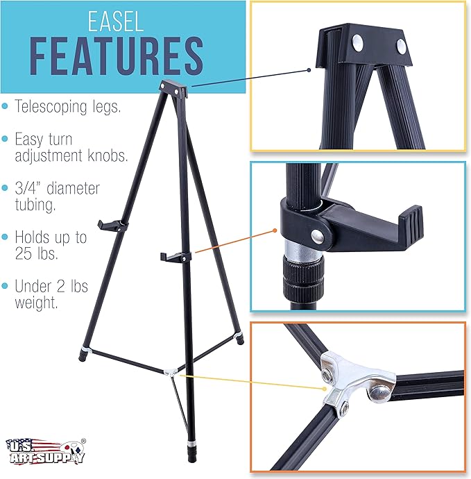 U.S. Art Supply 66" High Showroom Black Aluminum Display Easel and Presentation Stand (Pack of 4) - Large Adjustable Height Portable Floor and Tabletop Tripod, Holds 25 lbs, Paintings, Signs, Posters