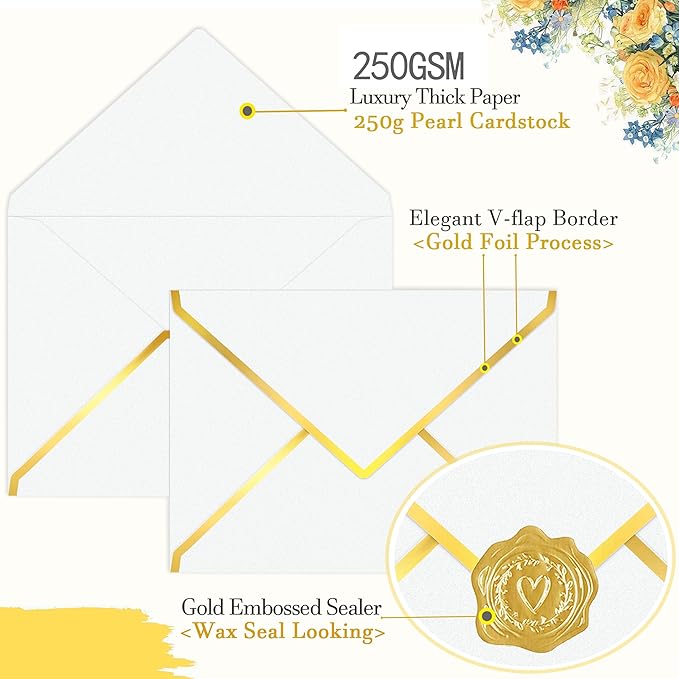 60 Pack Gold Envelopes 5x7 Lvory White, 250G Pearled Cardstock A7 Envelopes for Invitations Business Mailing Envelope with Gold Foil Border, A6 4x6 Envelopes for Wedding Baby Shower Cards