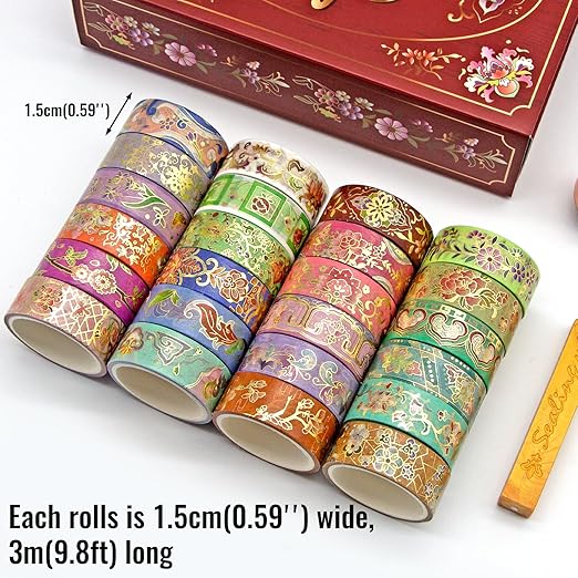 24 Rolls Washi Tape Set, Gold Foil Floral Decorative Tape for Scrapbooking, Bullet Journaling, Planner, DIY Crafts, Christmas - Floral Feast