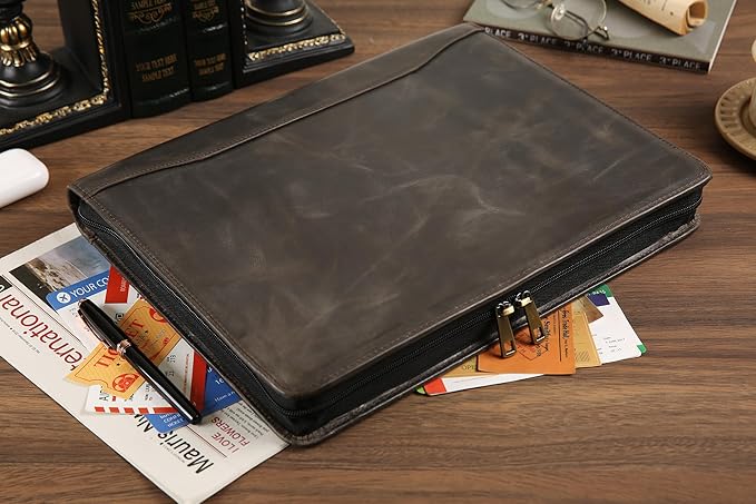 Portfolio Binder 3 Ring, Leather Binder Portfolio Folder for Left-Handed, Zippered Portfolio Padfolio Binder for Women, Leather Portfolio Organizer for Men (Grey, Custom)