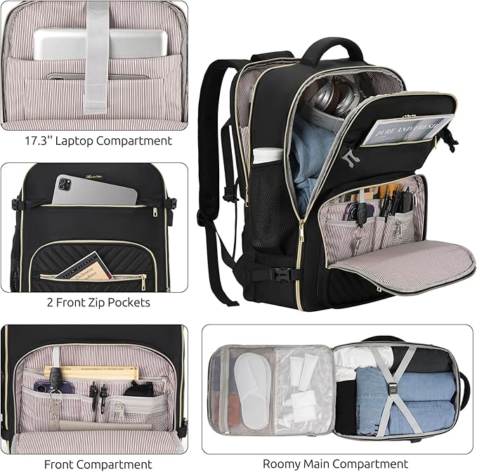 Travel Backpack for Women, Carry On Backpack for Airplanes Flight Approved, Waterproof Large Weekender Overnight Bag Fit 17 Inch Laptop with USB Charging Port, Black