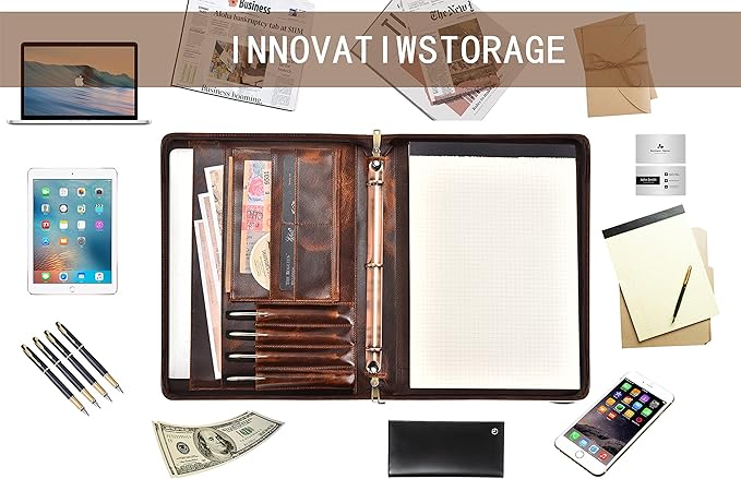 AZXCG Leather Portfolio with Zipper, 3 Ring Binder Resume Padfolio Folder, Professional Planner with A4 Notebook Holders, Business Document Organizer for 13.3" Laptop, Gift for Women/Men, Oil Wax