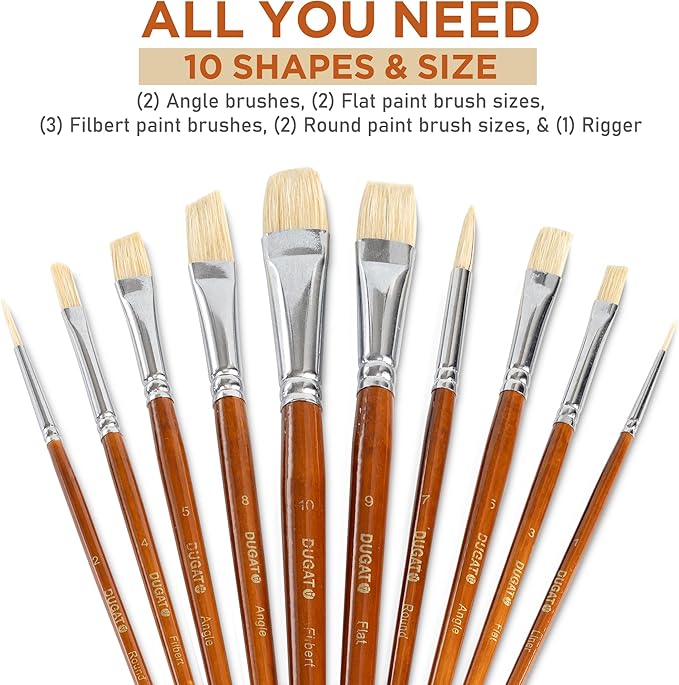 10pcs White Hog Hair Artist Paint Brush Set by DUGATO Perfect for Acrylic Oil Gouache Watercolor, Painting Brushes Kit for Kids, Adults Fabulous for Canvas & Fabric