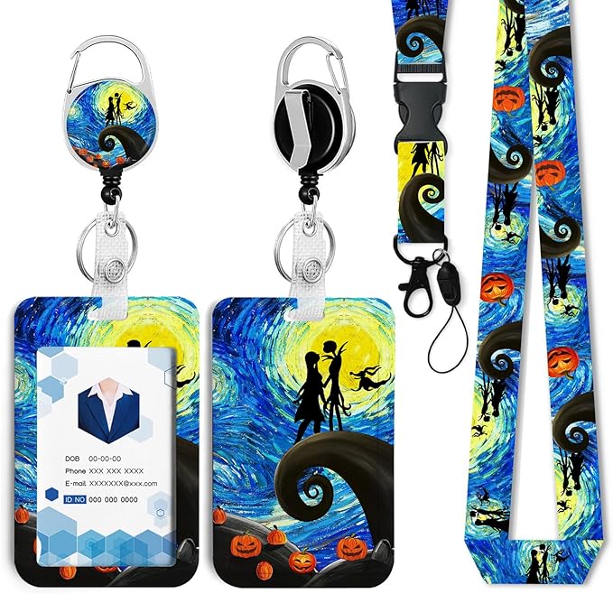Badge Holder with Retractable Reel and Breakaway Lanyard，Christmas Nightmare Badge Clips Retractable Heavy Duty Badge Reel，Halloween Keychain，ID Holder with Breakaway Lanyard for School