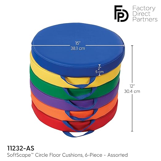 Factory Direct Partners SoftScape 15 inch Round Classroom Floor Cushions with Handles; Flexible Seating for Daycare, Preschool, Playroom; 2 inch Thick Deluxe Foam (6-Piece) - Assorted, 11232-AS