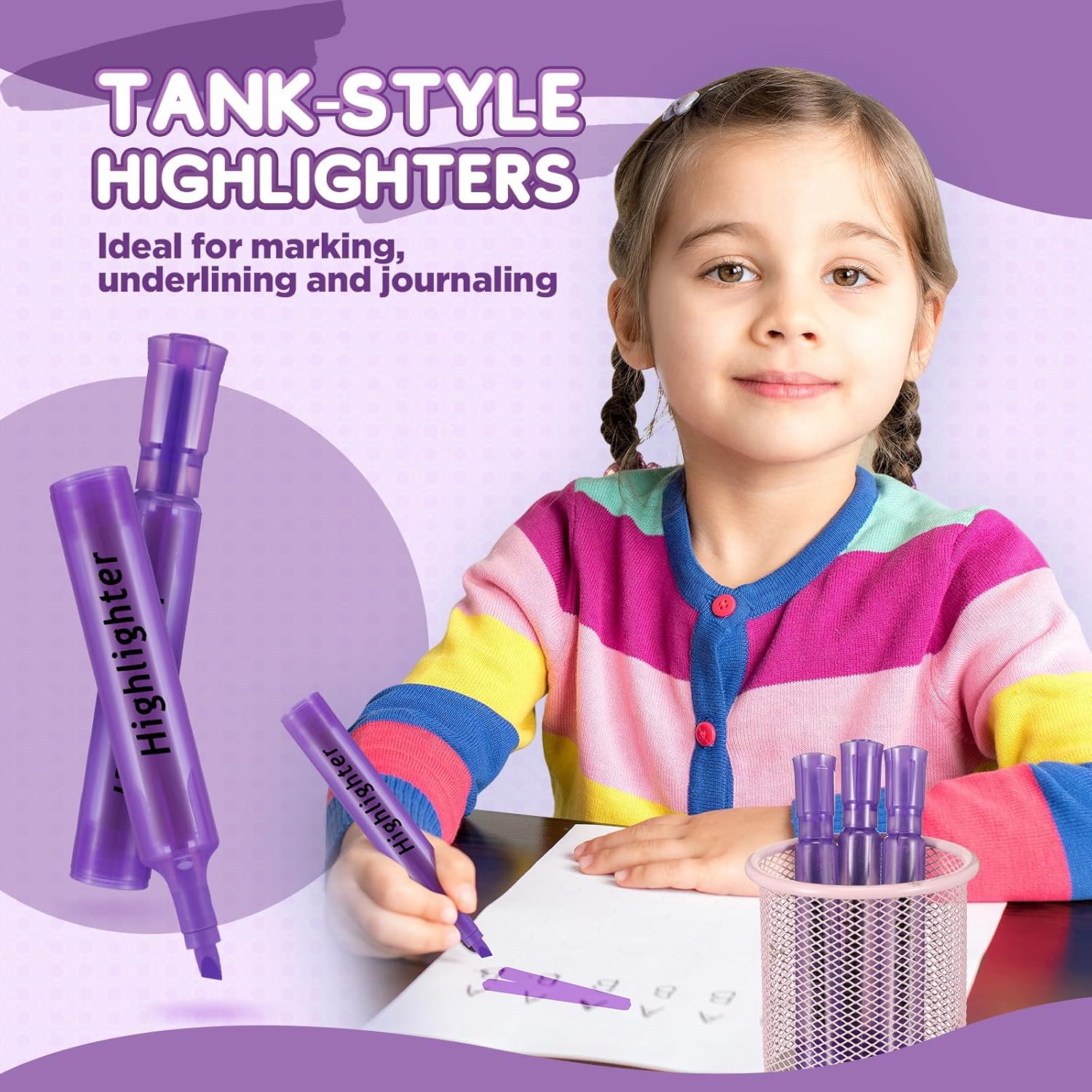 Qilery 72 Pack Highlighters Bulk, Tank Style Chisel Tip Highlighters Markers Quick Drying for Kids and Adult Coloring, Classroom Home Office School Supplies (Purple)