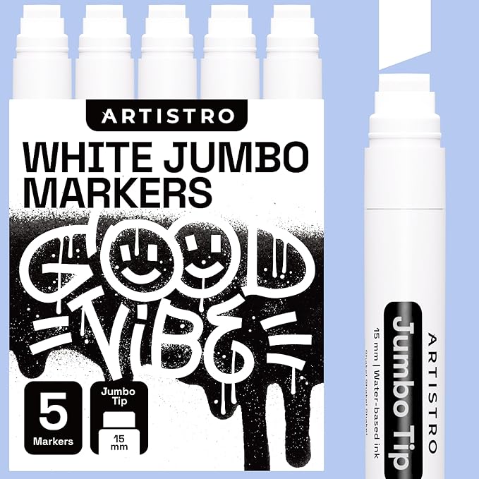 ARTISTRO 5 White Acrylic Paint Pens, Acrylic Paint Markers Jumbo Tip, Fabric Markers for Textile, Canvas, Rock, Glass, Wood, Paper, DYI, Pens for Kids and Adults