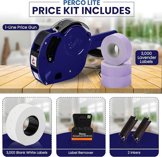 Perco Lite 1 Line Price Gun with Labels Kit - Includes 3 White Rolls, 3 Lavender Rolls, 2 Ink Rollers, 1 Ink roll and Labels Pre-Loaded