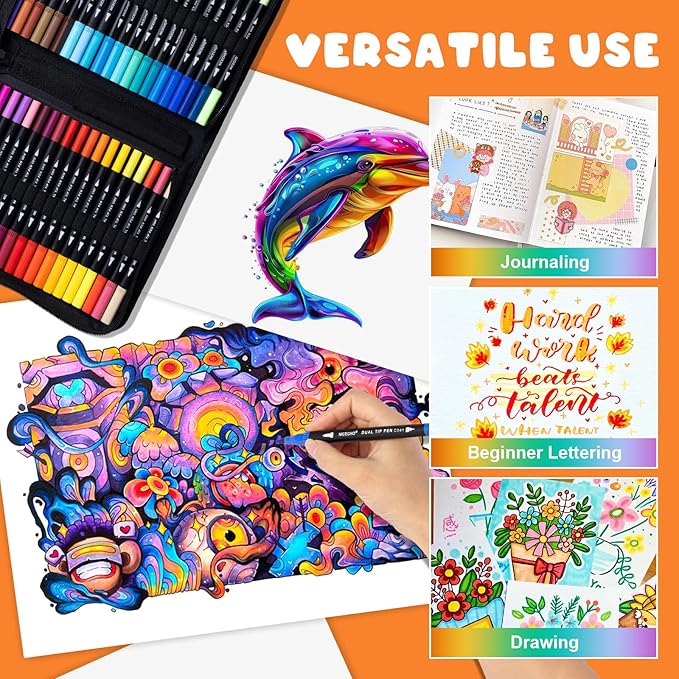 72 Colors Dual Tip Art Markers Pens for Adult Coloring Books, Brush and Fine Tip Coloring Marker for Drawing Journaling Note Taking Lettering