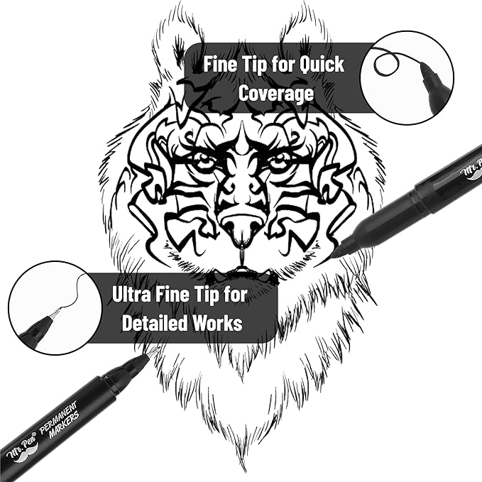 Mr. Pen - Dual Tip Permanent Markers, 12 Pack, Black, Fine & Ultra Fine Point