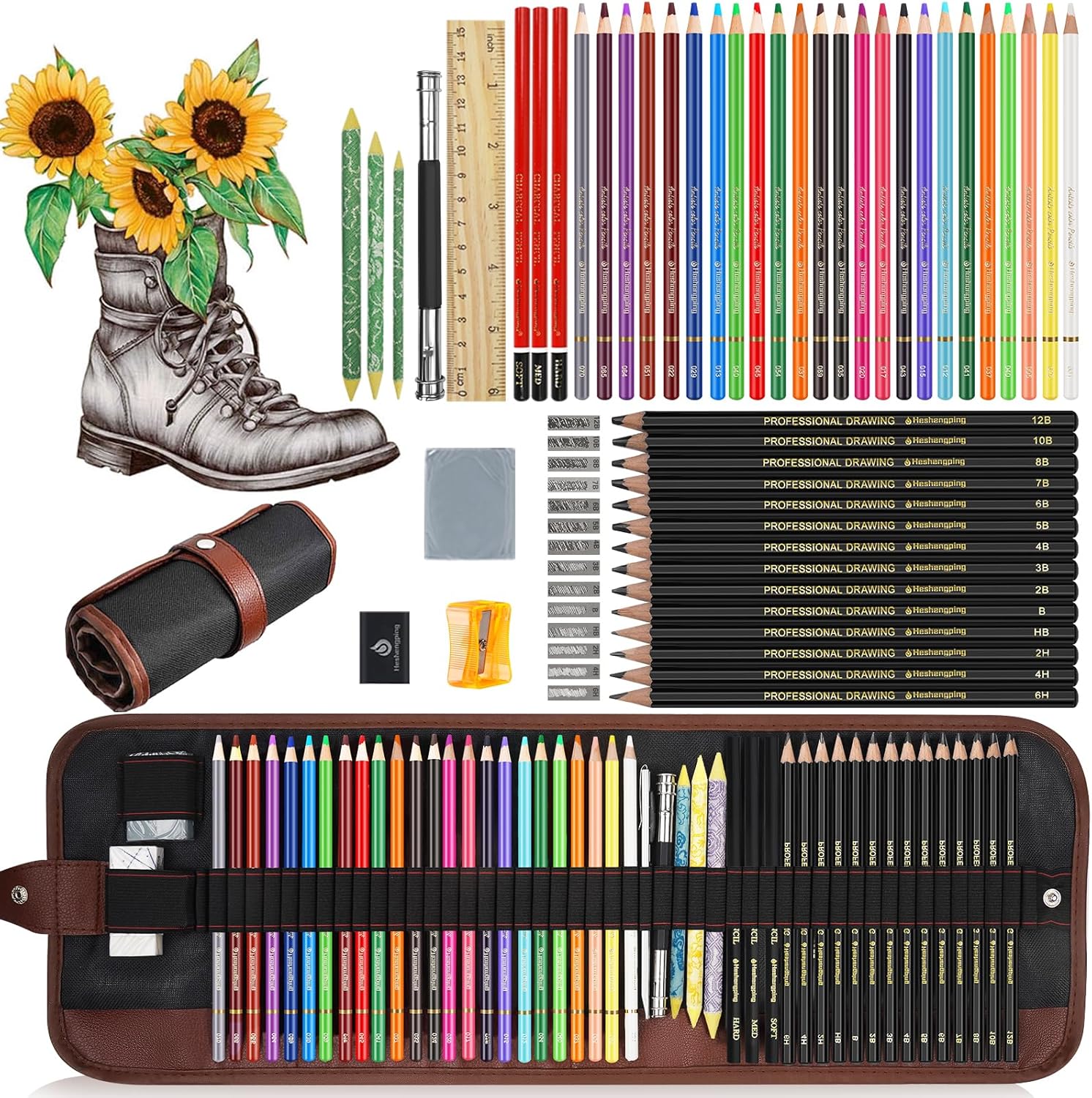 Sketching Drawing Art Pencil Kit-50 Piece Set with 24 Color Pencils for Adult Kid Coloring Books, 14 Graphite 3 Charcoal Erasers Etc., Artist Supplies Ideal for Adult, Kid,Student, Beginner