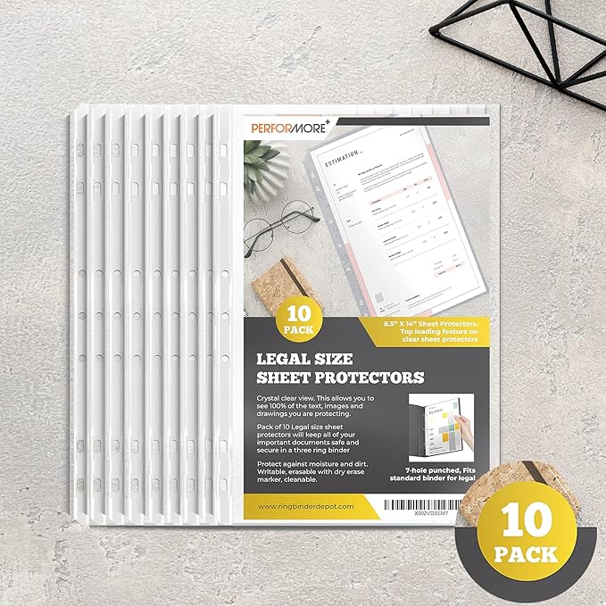 Performore 10 Pack of 8.5 x 14 Legal Size Heavyweight Clear Sheet Protectors, Plastic Legal Paper Sleeves, Clear Archival Quality, Long Sheet Protectors for Binders Documents