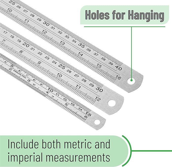 Mr. Pen- Stainless Steel Ruler, 3 pcs, 6", 12", 16", Imperial & Metric Measurements, Metric Metal Ruler Set, mm Ruler, Metal Rulers, Small Metal Ruler Metal Straight Edge, Centimeter Ruler
