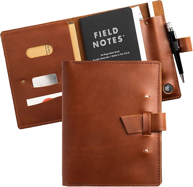 Portfolio Binder for Men and Women, Tech Portfolio Organizer for Business, Leather Folio Canvas Notebook with Air Tag, Apple Pencil, Phone, Cards