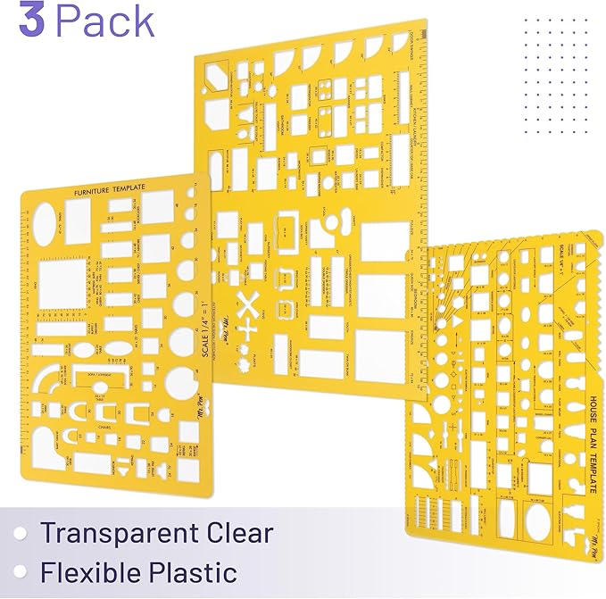 Mr. Pen- House Plan, Interior Design and Furniture Templates, Drafting Tools and Ruler Shapes for Architecture - Set of 3