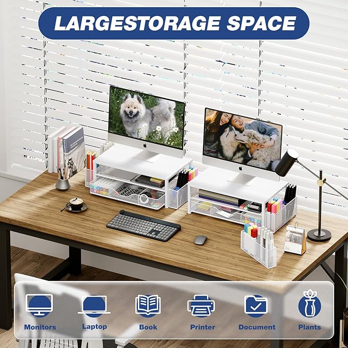 Desk Organizers and Accessories, 2-Tier Computer Monitor Stand for Desk Organizer with Drawer and 2 Pen Holders, Office Desk Accessories Workspace Desktop Organizers for Office Supplies, White