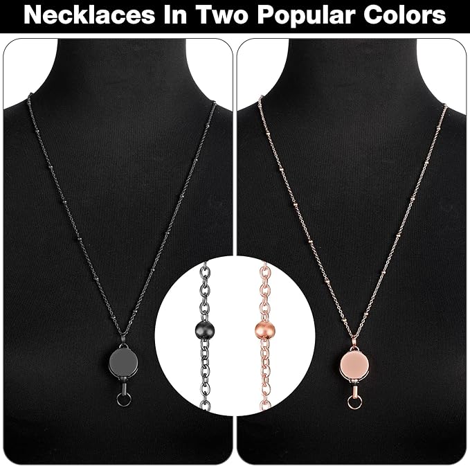 Outus 2 Pieces Badge Lanyard with ID Holders Stainless Steel Badge Holders Necklace Retractable Reel Clip Chain Water Resistant Name(Rose Gold, Black)