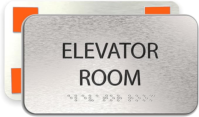 ADA Elevator Room Sign for Business - Office Signs, Aluminum Brushed Silver, Tamper-Proof, Heavy Duty Mounting Tape, Easy Install, Office Décor, ADA Compliant, Grade 2 Braille (7” W x 4” H) ADASigns.org