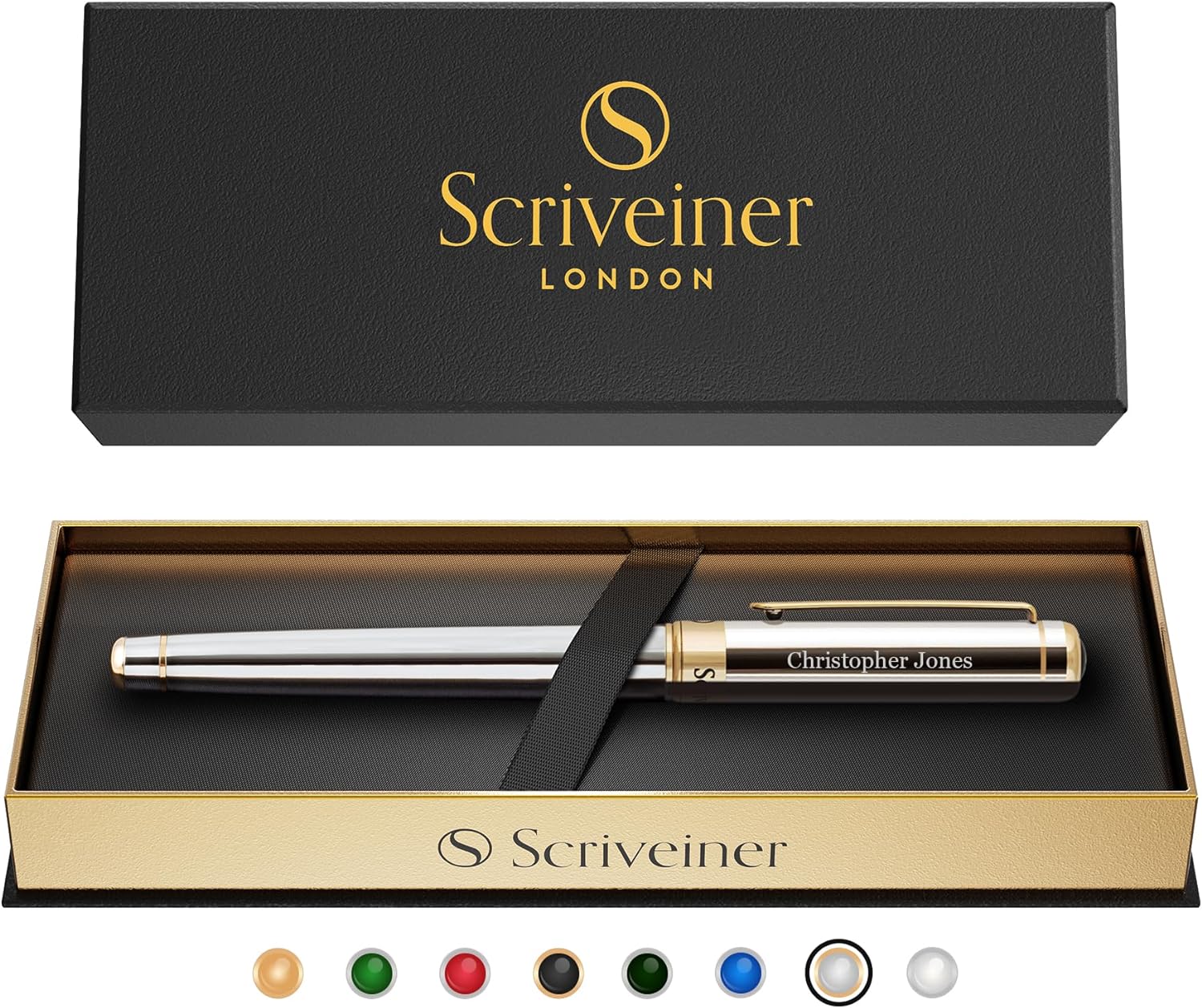 Scriveiner Personalized Silver Chrome Rollerball Pen - Stunning Luxury Pen, Real Gold Plating, Schmidt Ink Refill, Best Engraved Roller Ball Gift Set for Men & Women, Custom Name Engraving