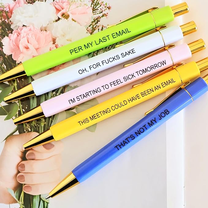 Jxueych Funny Pens 5-Count, Black Ink,Medium Nib 1.0mm, Funny Office Gifts for Coworkers, Personalized Pens Vibrant Funny Quotes Swear Word Daily Pen Set (Blunt Pens)