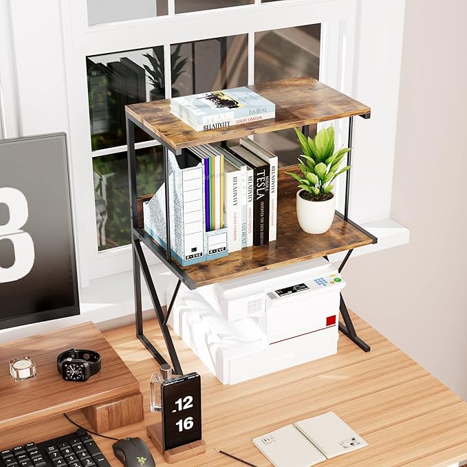 Printer StandAboxoo Printer Stand for Desk, Desktop Printer Shelf Large Printer Stands 3 Tiers Multi-Purpose Desk Office Organization Shelves for Home Office Printer Fax Book, Rustic Brown