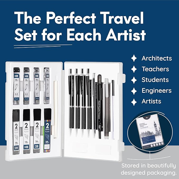 MozArt Illustrator Set with Case-4 Sizes: 0.3,0.5,0.7&0.9mm with 4x8HB & 30HB Lead Refills, Eraser Pen with 2 Jumbo Refills Compass with Block Eraser