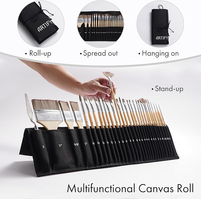 ARTIFY 30-Piece Expert Paint Brush Set, Upgraded Version, Complete Range of Sizes, Enhanced Synthetic Brushes with Canvas Roll and Palette Knife for Acrylic, Oil, Watercolor, and Gouache