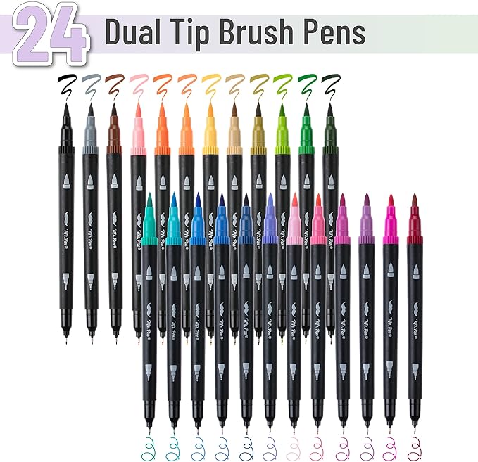 Mr. Pen- Dual Tip Brush Pens, 24 pcs, Assorted Color, Fine & Brush Tip Markers, Markers for Adult Coloring, Coloring Markers for Adults, Adult Coloring Markers, Brush Markers, Dual Tip Markers