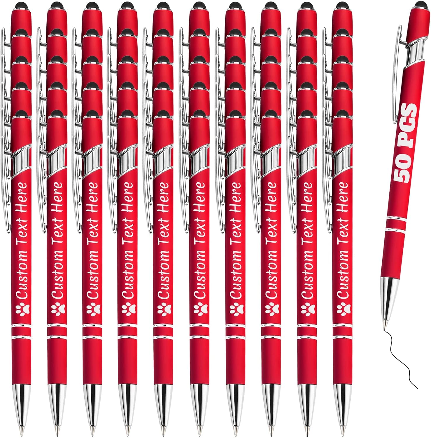 Personalized Pens Bulk 50 with Name Custom Engraving Ballpoint Pens with Stylus Tip Customized Smooth Writing Pens Personalized Gifts for Anniversary Birthday or Graduation(Red,Black Ink)
