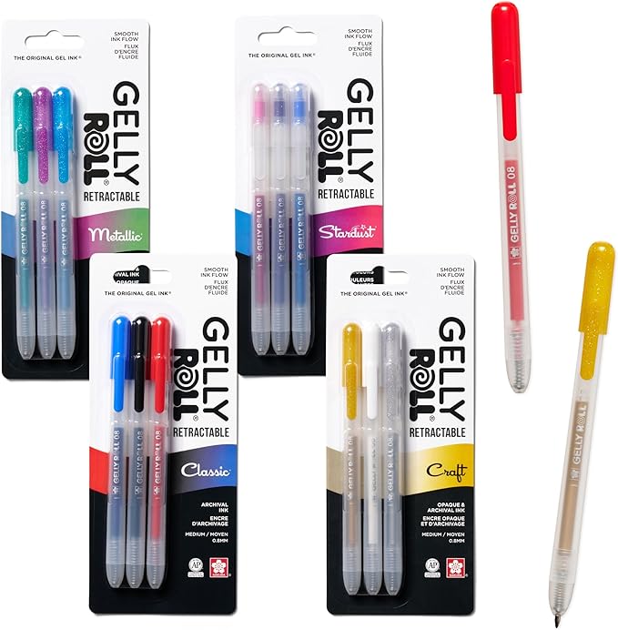 SAKURA Gelly Roll Retractable Gel Pens - Classic, Craft, Stardust & Metallic - Medium Point Ink Pens for Journaling, Art, or Drawing - Assorted Colored Ink - 12 Pens